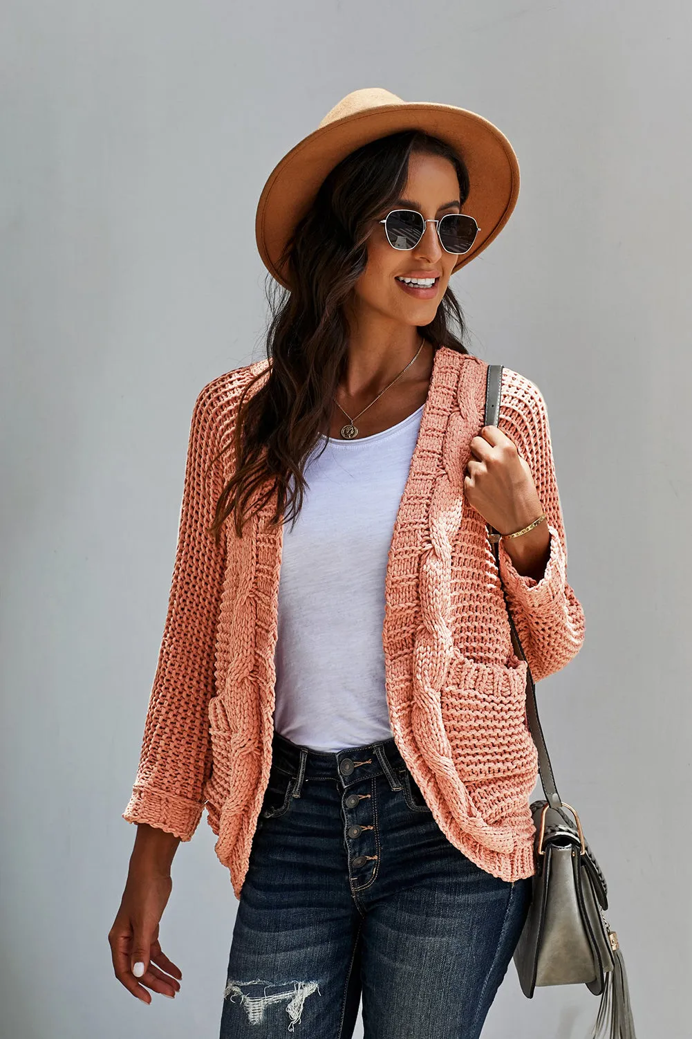 Pink Chunky Knit Pocketed Cardigan
