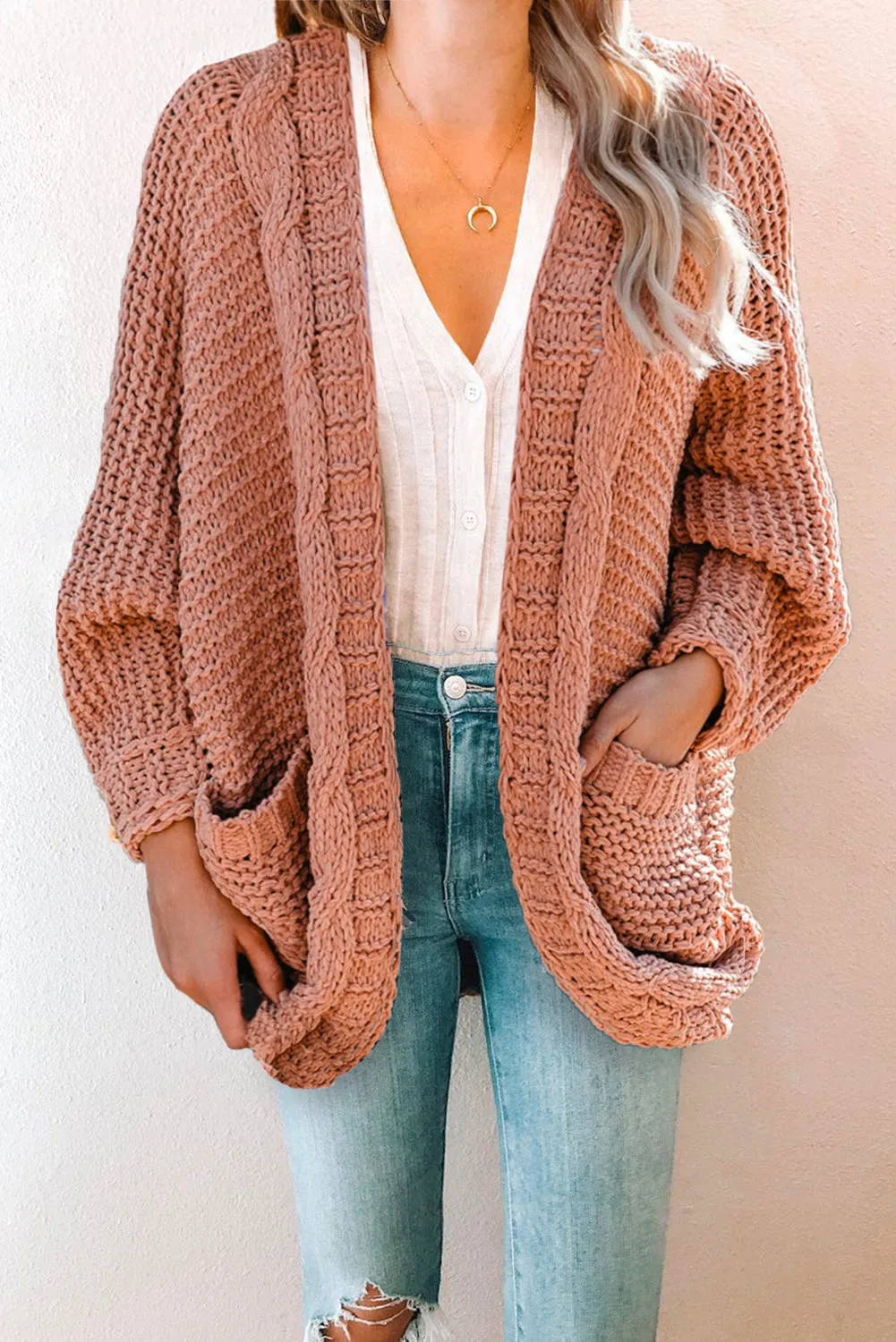 Pink Chunky Knit Pocketed Cardigan