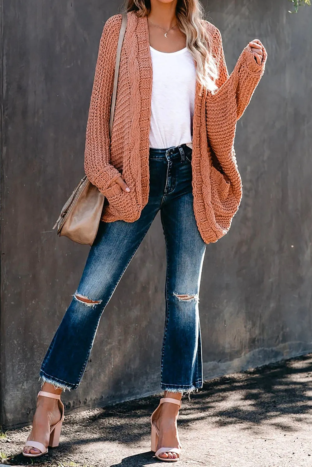 Pink Chunky Knit Pocketed Cardigan
