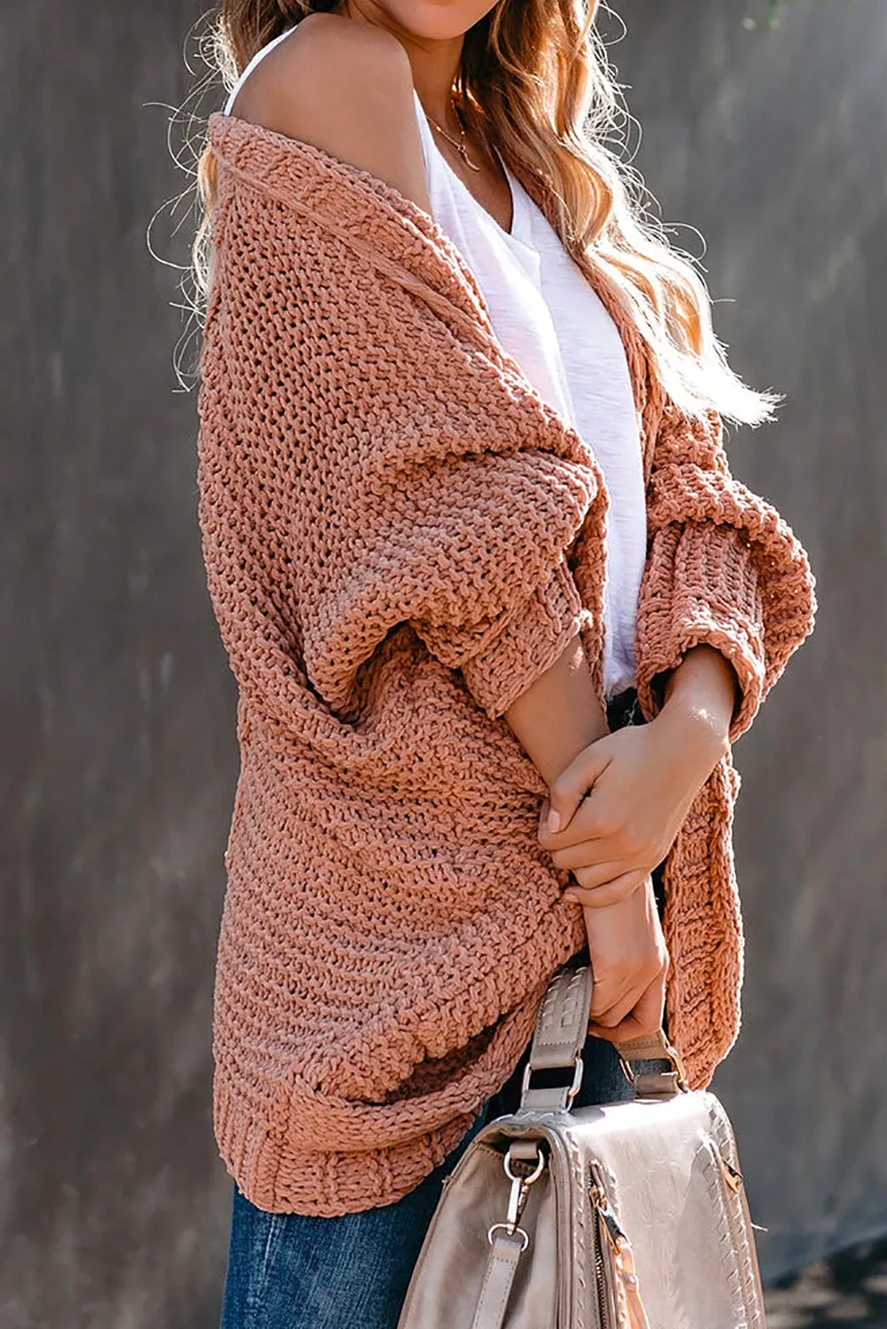 Pink Chunky Knit Pocketed Cardigan