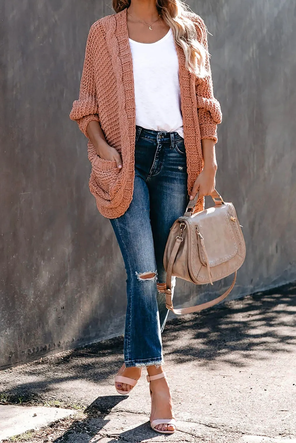 Pink Chunky Knit Pocketed Cardigan