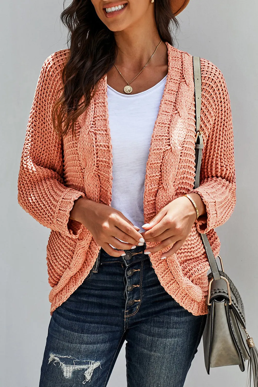 Pink Chunky Knit Pocketed Cardigan