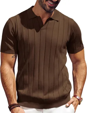 PJ PAUL JONES Men's Polo Shirt V Neck Texture Shirt Short Sleeve Casual Knit Polos