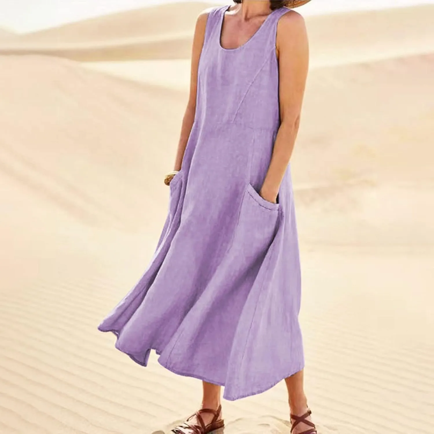 Plus Size Sun Dresses for Curvy Women Linen Dress Sleeveless Cotton Linen Sundress Pocket
