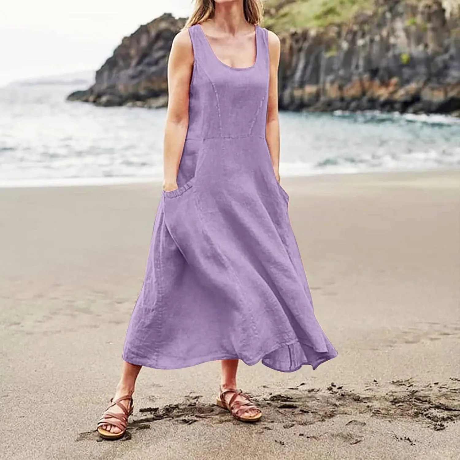 Plus Size Sun Dresses for Curvy Women Linen Dress Sleeveless Cotton Linen Sundress Pocket