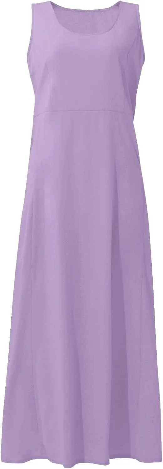 Plus Size Sun Dresses for Curvy Women Linen Dress Sleeveless Cotton Linen Sundress Pocket
