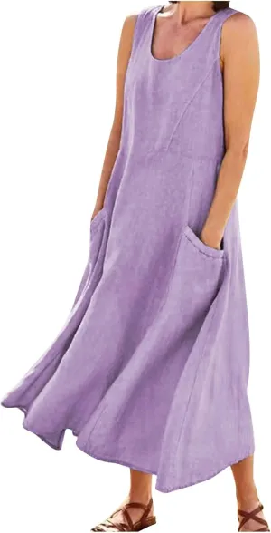 Plus Size Sun Dresses for Curvy Women Linen Dress Sleeveless Cotton Linen Sundress Pocket