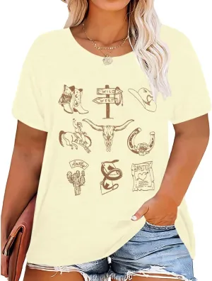 Plus Size Western Shirt for Women Cow Skull Shirt Boho Cowgirl T-Shirt Rodeo Graphic Tee Vintage Country Music Tops