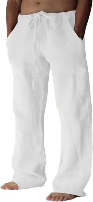 Puimentiua Cotton Linen Pants Men Casual Loose Fit Elastic Drawstring Waist Summer Beach Pants