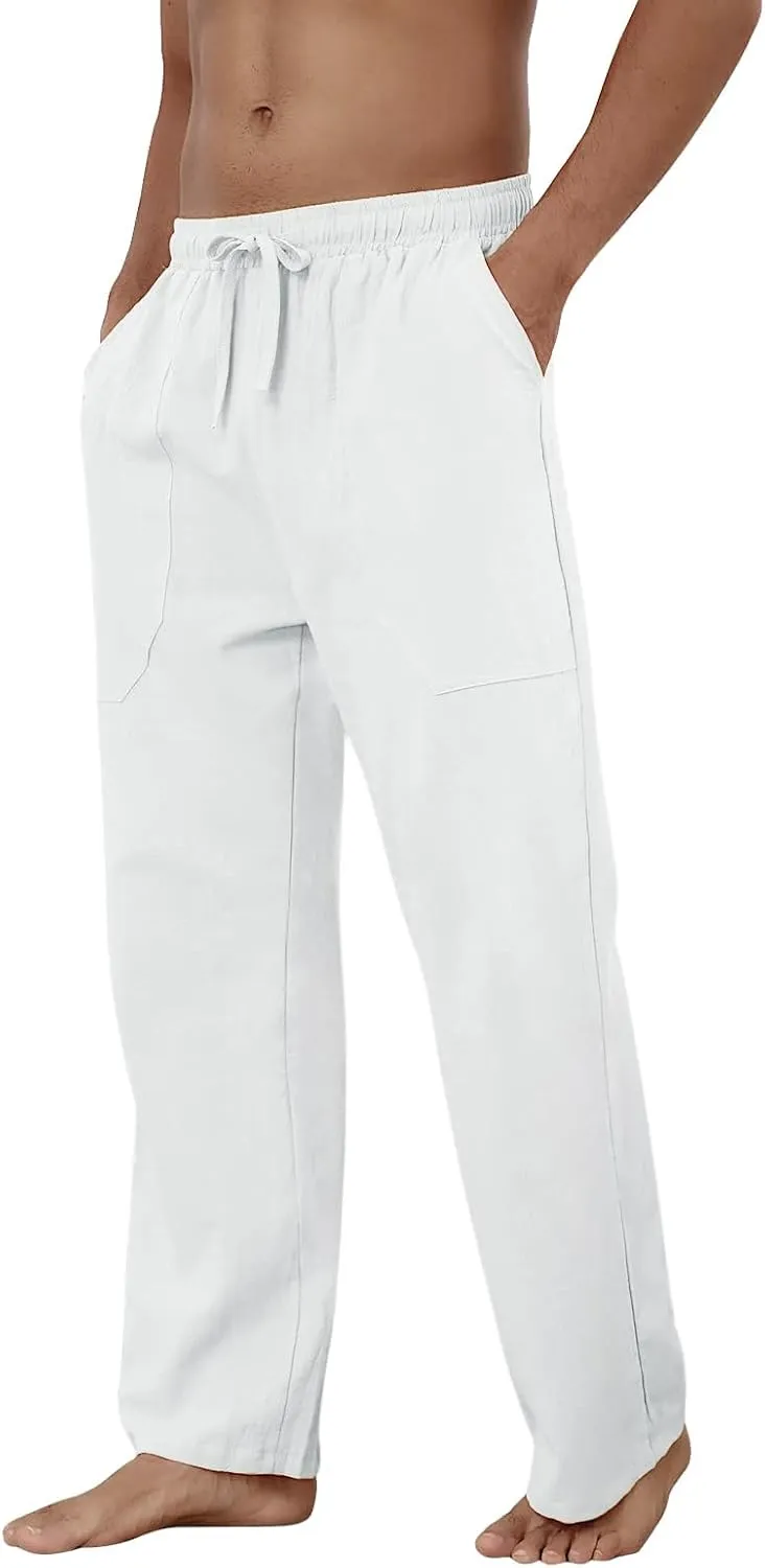Puimentiua Cotton Linen Pants Men Casual Loose Fit Elastic Drawstring Waist Summer Beach Pants
