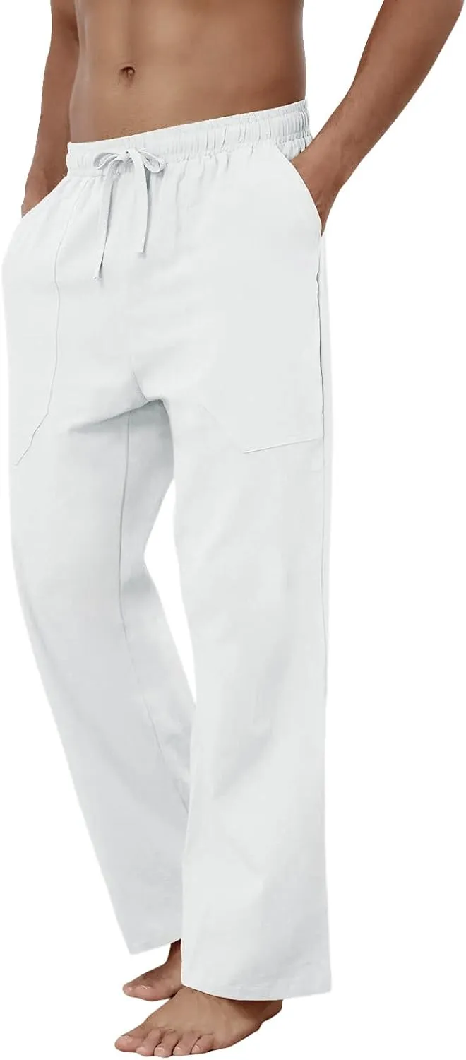 Puimentiua Cotton Linen Pants Men Casual Loose Fit Elastic Drawstring Waist Summer Beach Pants