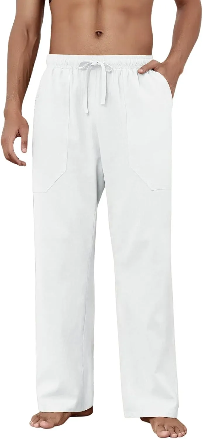 Puimentiua Cotton Linen Pants Men Casual Loose Fit Elastic Drawstring Waist Summer Beach Pants