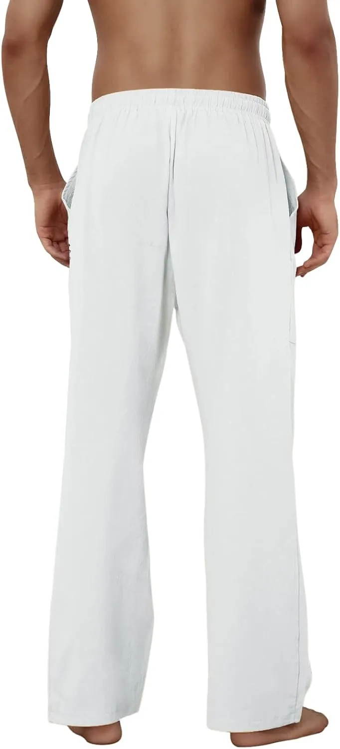 Puimentiua Cotton Linen Pants Men Casual Loose Fit Elastic Drawstring Waist Summer Beach Pants