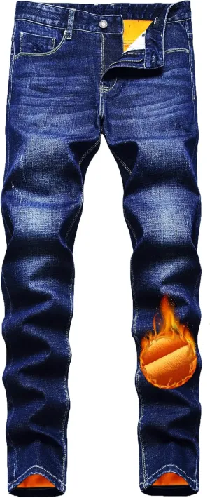 Qazel Vorrlon Men's Fleece Lined Jeans Winter Warm Flannel Skinny Slim Fit Stretch Denim Pants