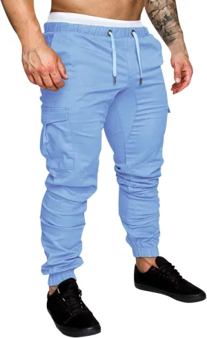 QWENTMTNTY Men Cargo Pants Casual Elastic Waist Slim Fit Workout Joggers Big Tall Outdoor Athletic Hiking Sweatpants Pockets