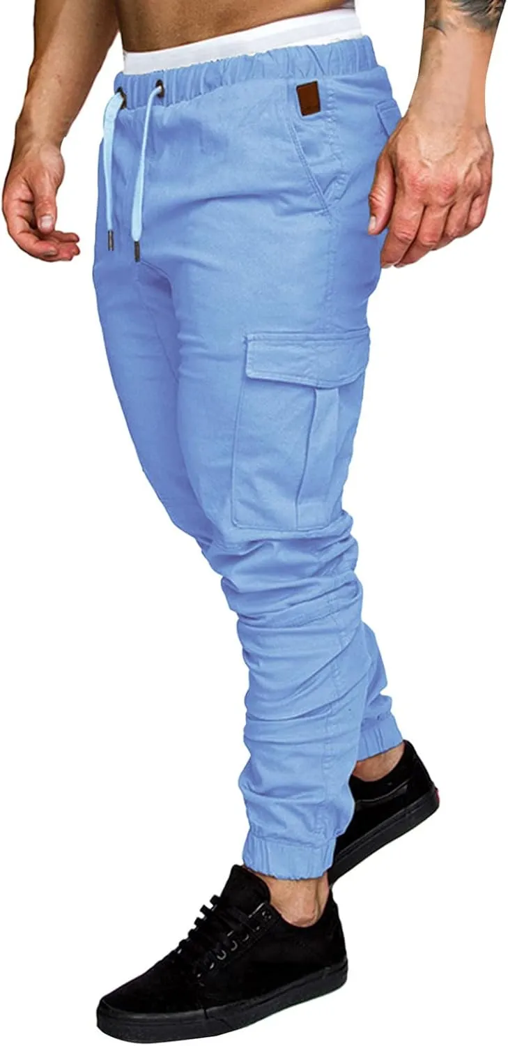 QWENTMTNTY Men Cargo Pants Casual Elastic Waist Slim Fit Workout Joggers Big Tall Outdoor Athletic Hiking Sweatpants Pockets