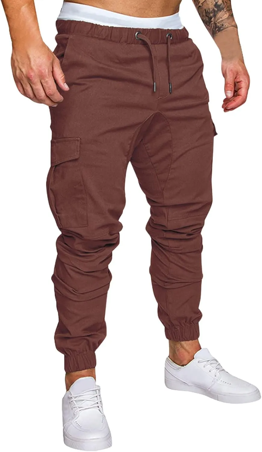 QWENTMTNTY Men Cargo Pants Casual Elastic Waist Slim Fit Workout Joggers Big Tall Outdoor Athletic Hiking Sweatpants Pockets