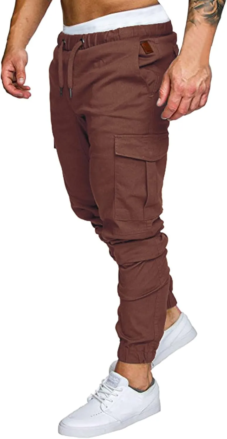 QWENTMTNTY Men Cargo Pants Casual Elastic Waist Slim Fit Workout Joggers Big Tall Outdoor Athletic Hiking Sweatpants Pockets