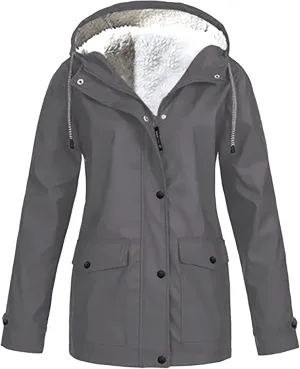 Rain Jacket for Women Waterproof Fleece Lined Fall Winter Coats Hooded Softshell Warm Windbreaker Trench Coat