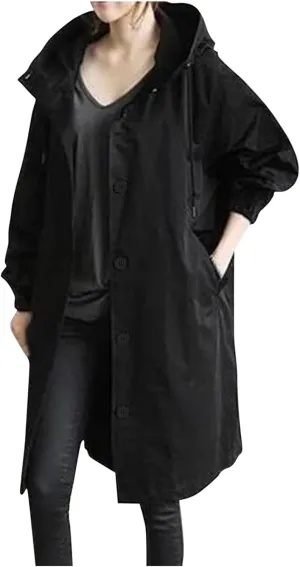 Raincoat Women Waterproof Hooded Trench Coat Button Down Long Rain Jackets Lightweight Outdoor Rain Coats Windbreaker