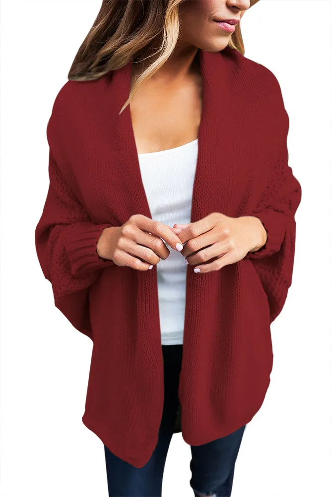 Red Chunky Knit Open Front Dolman Cardigan