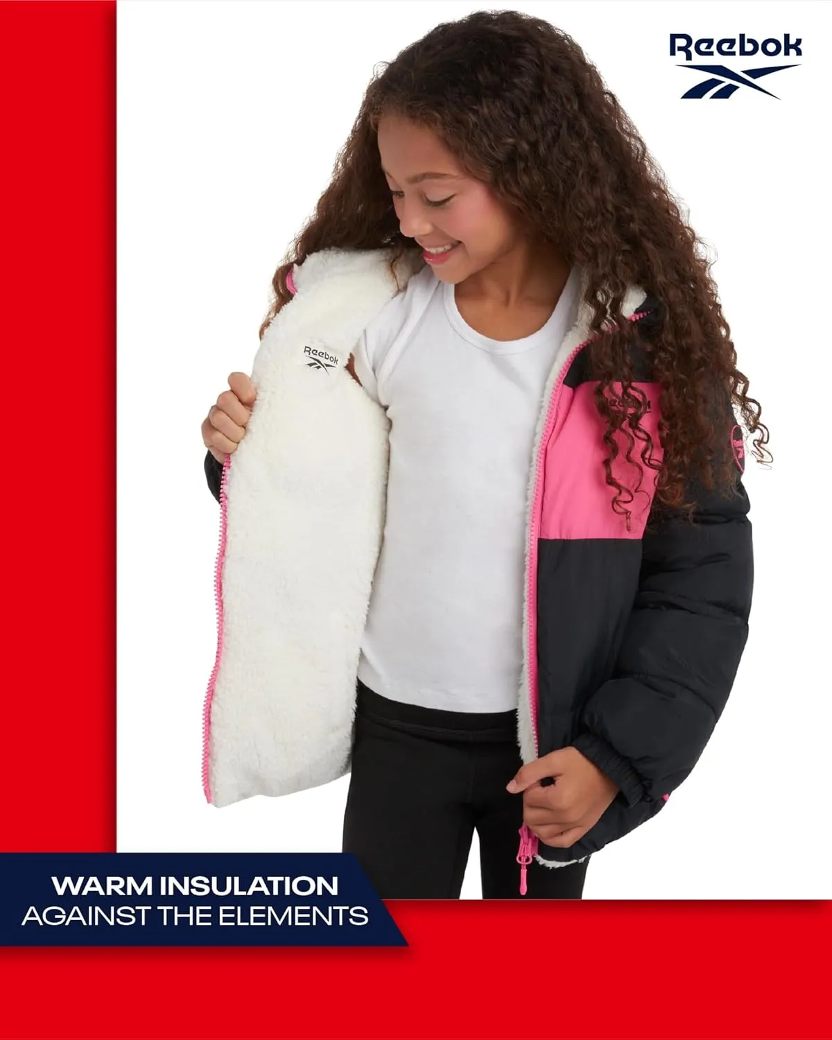 Reebok Girls' Winter Jacket  Reversible Quilted Puffer Coat with Sherpa Fleece Lining  Reversible Jacket for Girls (4-16)