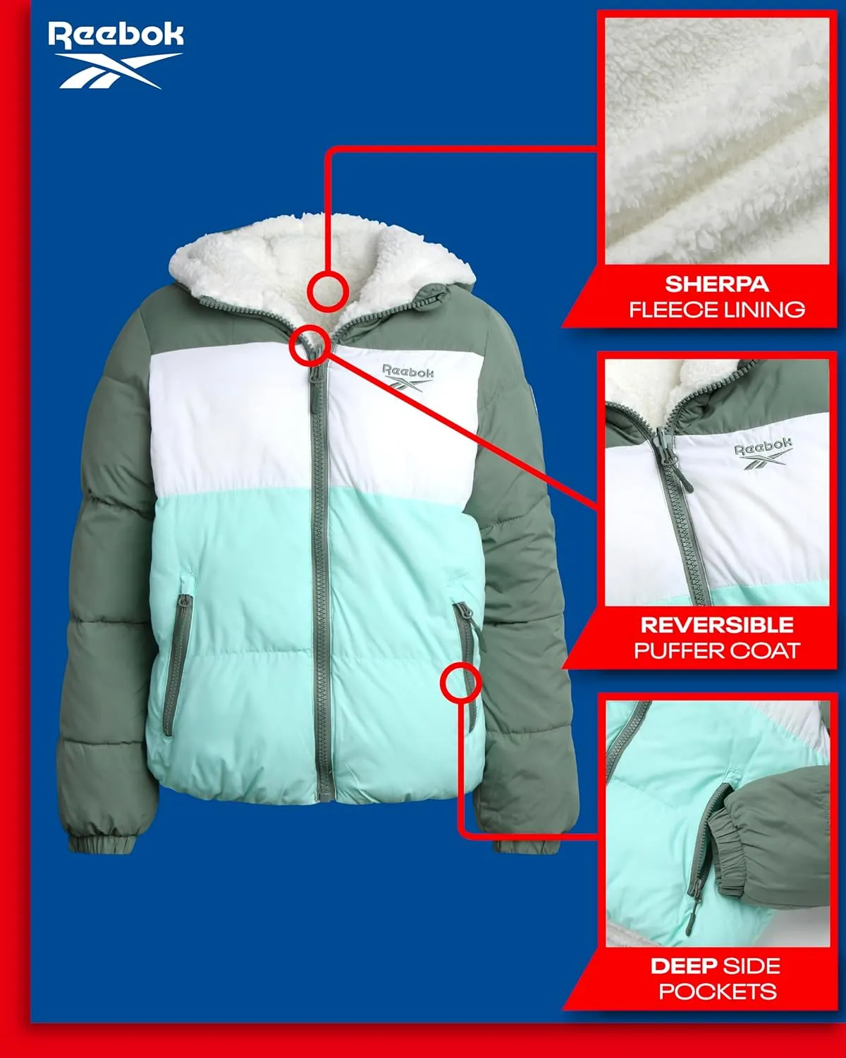 Reebok Girls' Winter Jacket  Reversible Quilted Puffer Coat with Sherpa Fleece Lining  Reversible Jacket for Girls (4-16)