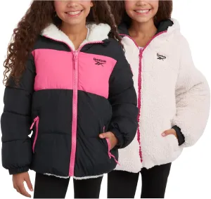 Reebok Girls' Winter Jacket  Reversible Quilted Puffer Coat with Sherpa Fleece Lining  Reversible Jacket for Girls (4-16)