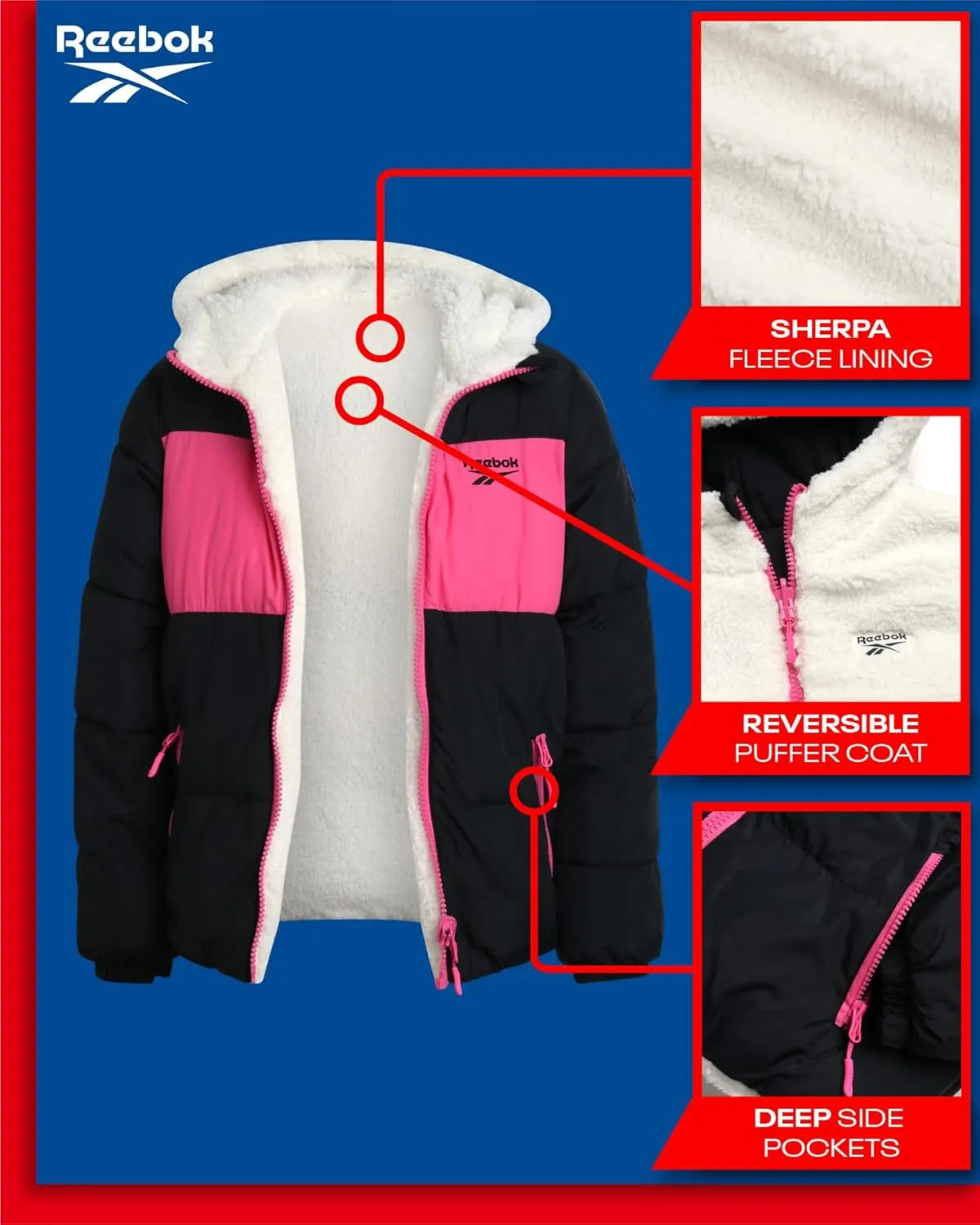 Reebok Girls' Winter Jacket  Reversible Quilted Puffer Coat with Sherpa Fleece Lining  Reversible Jacket for Girls (4-16)
