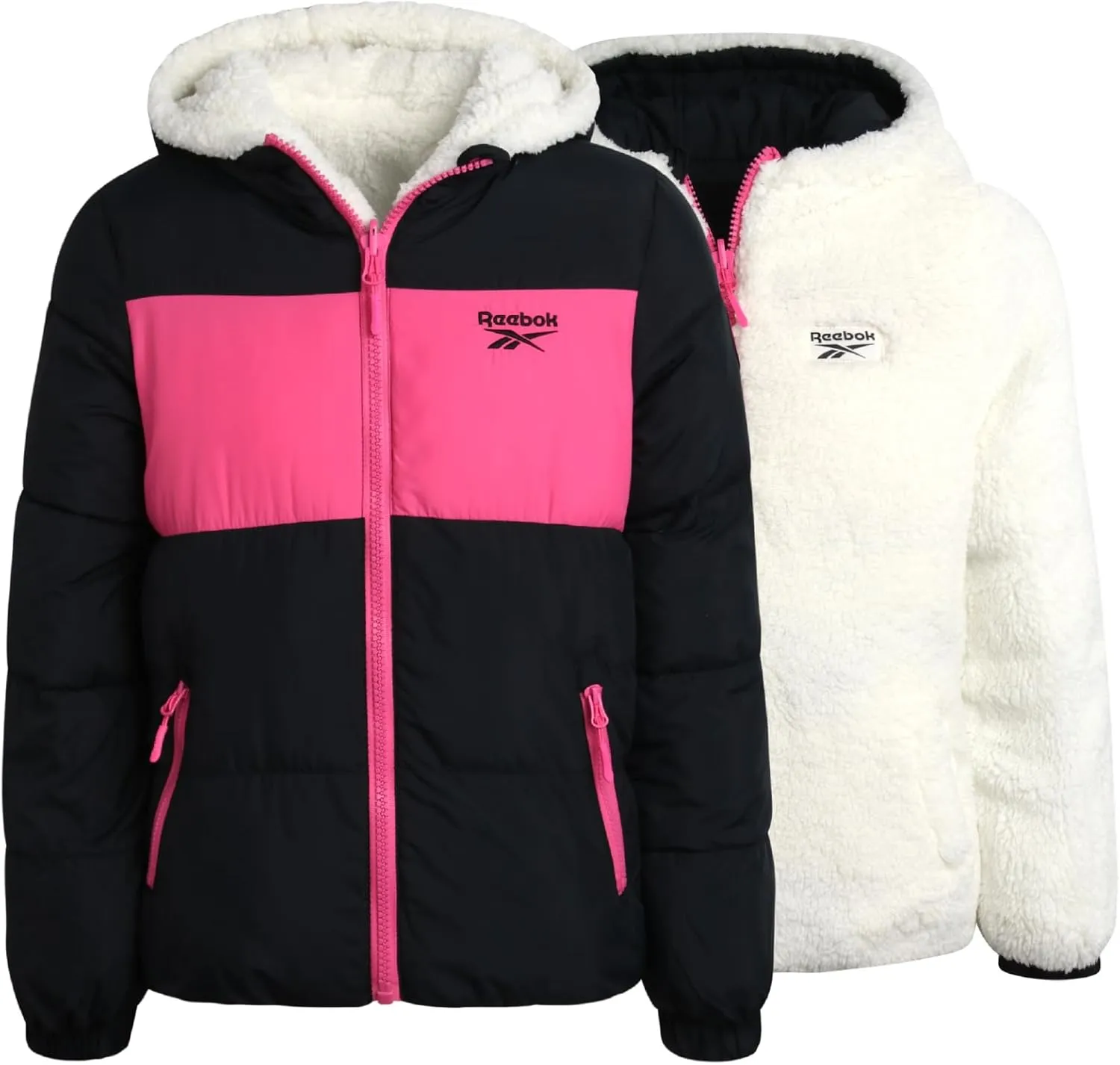 Reebok Girls' Winter Jacket  Reversible Quilted Puffer Coat with Sherpa Fleece Lining  Reversible Jacket for Girls (4-16)