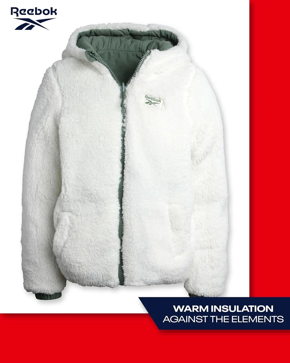 Reebok Girls' Winter Jacket  Reversible Quilted Puffer Coat with Sherpa Fleece Lining  Reversible Jacket for Girls (4-16)