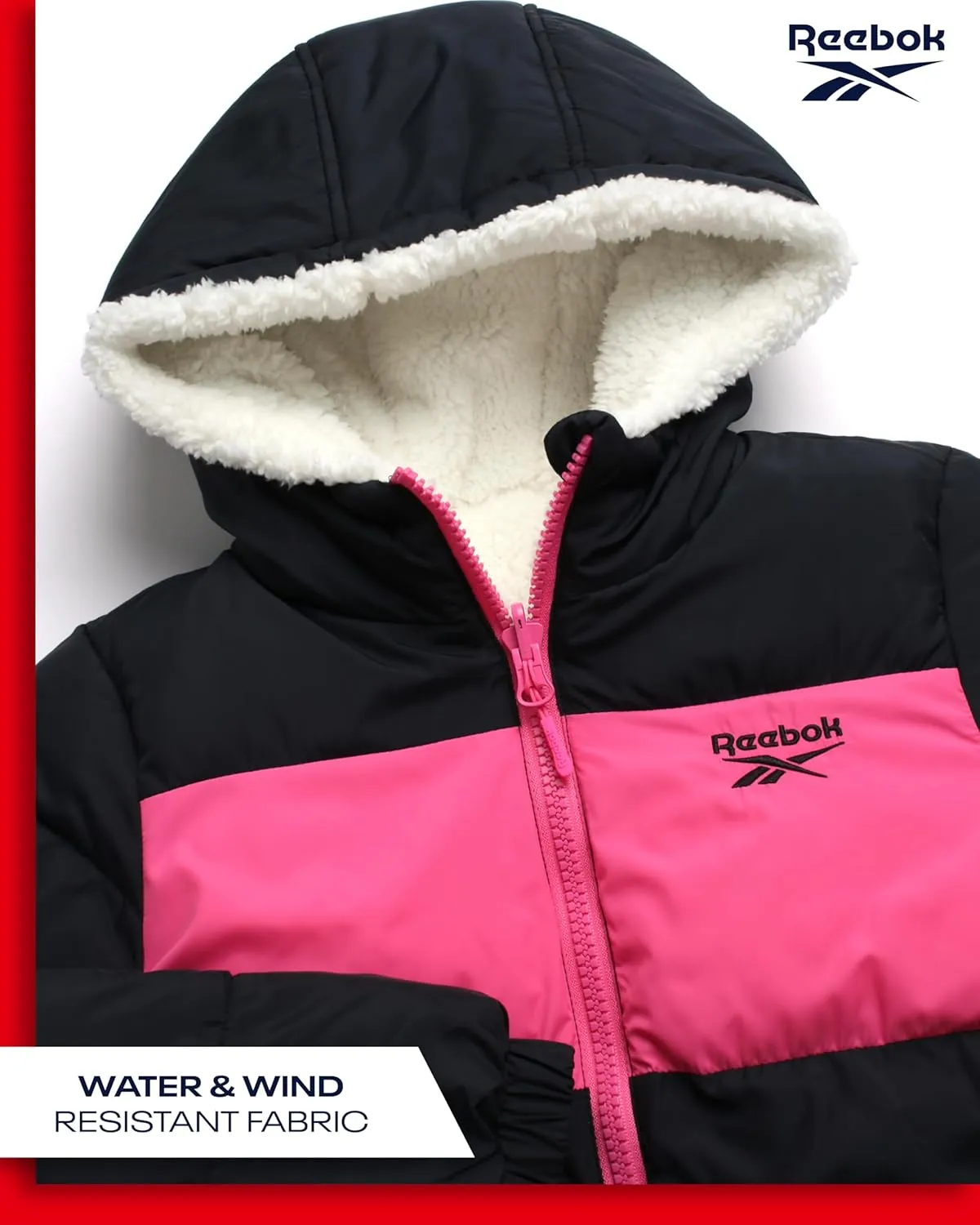 Reebok Girls' Winter Jacket  Reversible Quilted Puffer Coat with Sherpa Fleece Lining  Reversible Jacket for Girls (4-16)