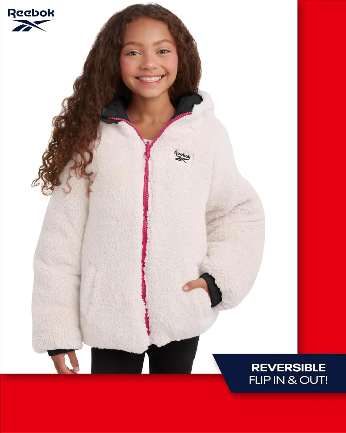 Reebok Girls' Winter Jacket  Reversible Quilted Puffer Coat with Sherpa Fleece Lining  Reversible Jacket for Girls (4-16)