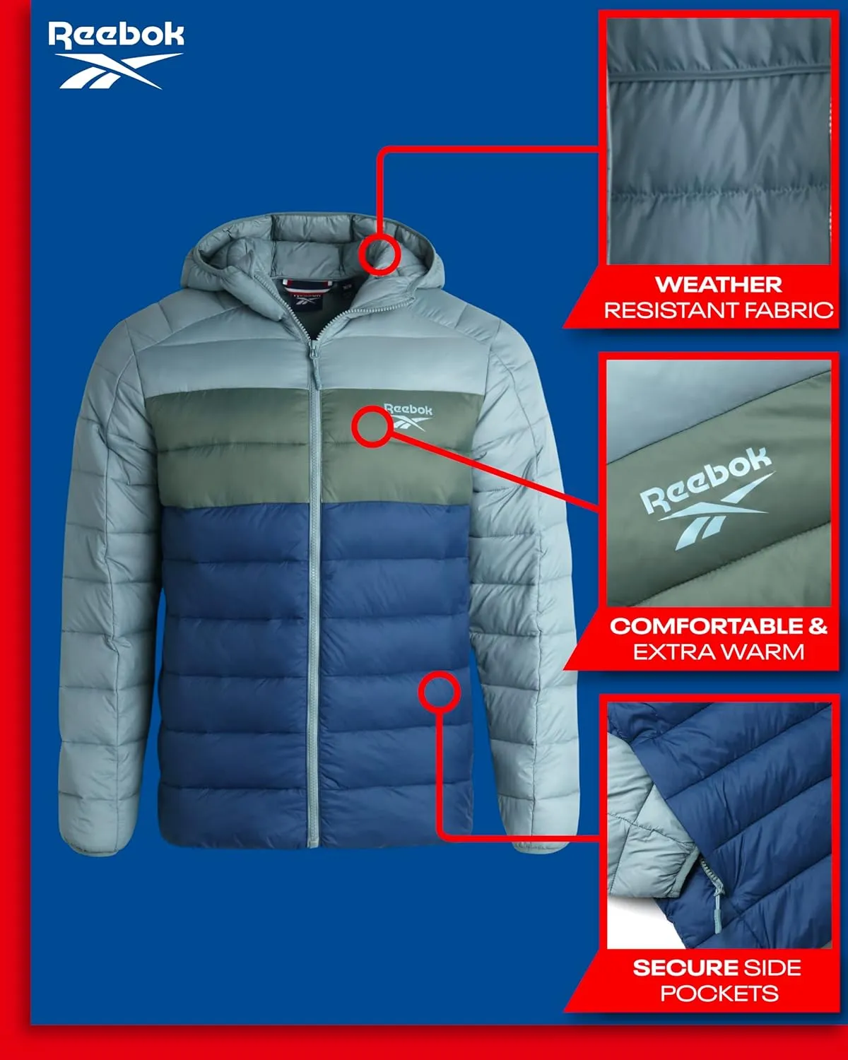 Reebok Men's Jacket  Lightweight Hooded Quilted Puffer Coat  Warm Insulated Winter Jacket for Men (S-4X)