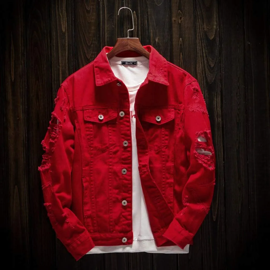 Ripped Denim Jacket for Men Baggy Style Winter Long Sleeve Top Stylish WindbreakerFall