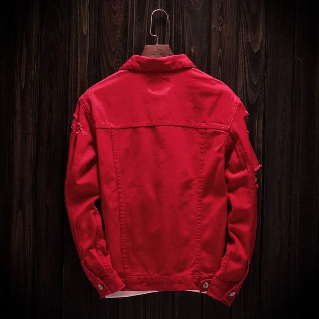 Ripped Denim Jacket for Men Baggy Style Winter Long Sleeve Top Stylish WindbreakerFall