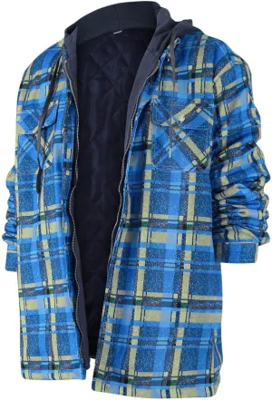 RTRDE Men's Button Down Long Sleeve Shirts Hooded Jacket Plaid Shirts Quilted Lined Fall Winter Coat Shirt, M-5XL