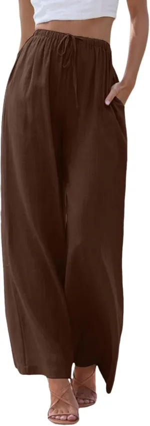sdbrld Pantalones De Lino De Las Mujeres Linen Wide Leg Pants for Women Shorts Linen Pants Women Summer,Womens Linen Pants with Pockets High Waist Adjustable Knot Casual Trousers (Z41-Coffee, S)