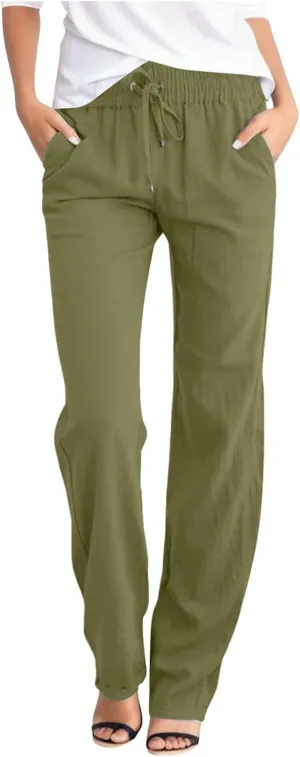 sdbrld Womens Linen Cotton Pants 2024 Casual Summer Trousers Drawstring Elastic Waist Straight Leg Lightweight Comfy Pants
