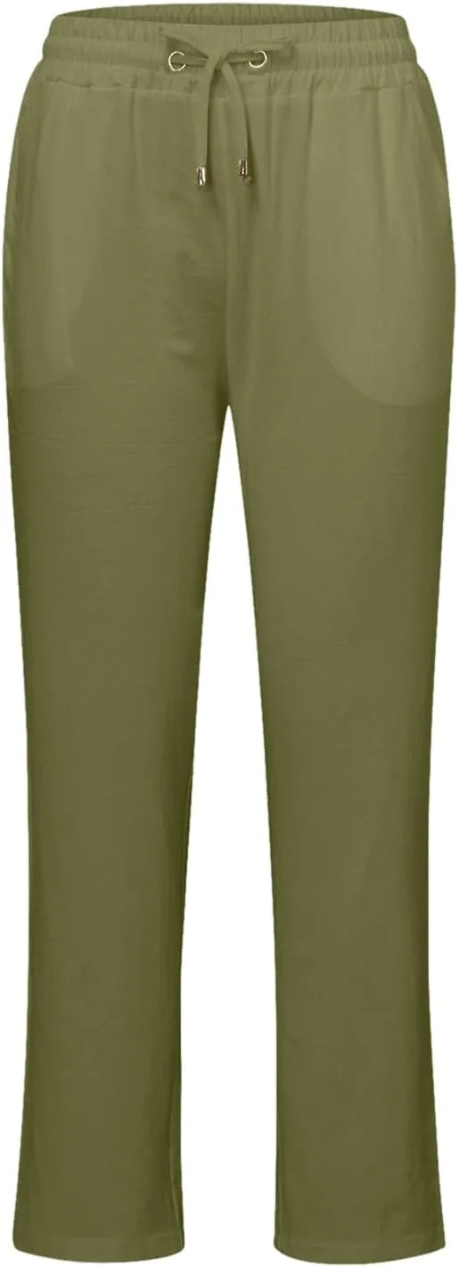 sdbrld Womens Linen Cotton Pants 2024 Casual Summer Trousers Drawstring Elastic Waist Straight Leg Lightweight Comfy Pants
