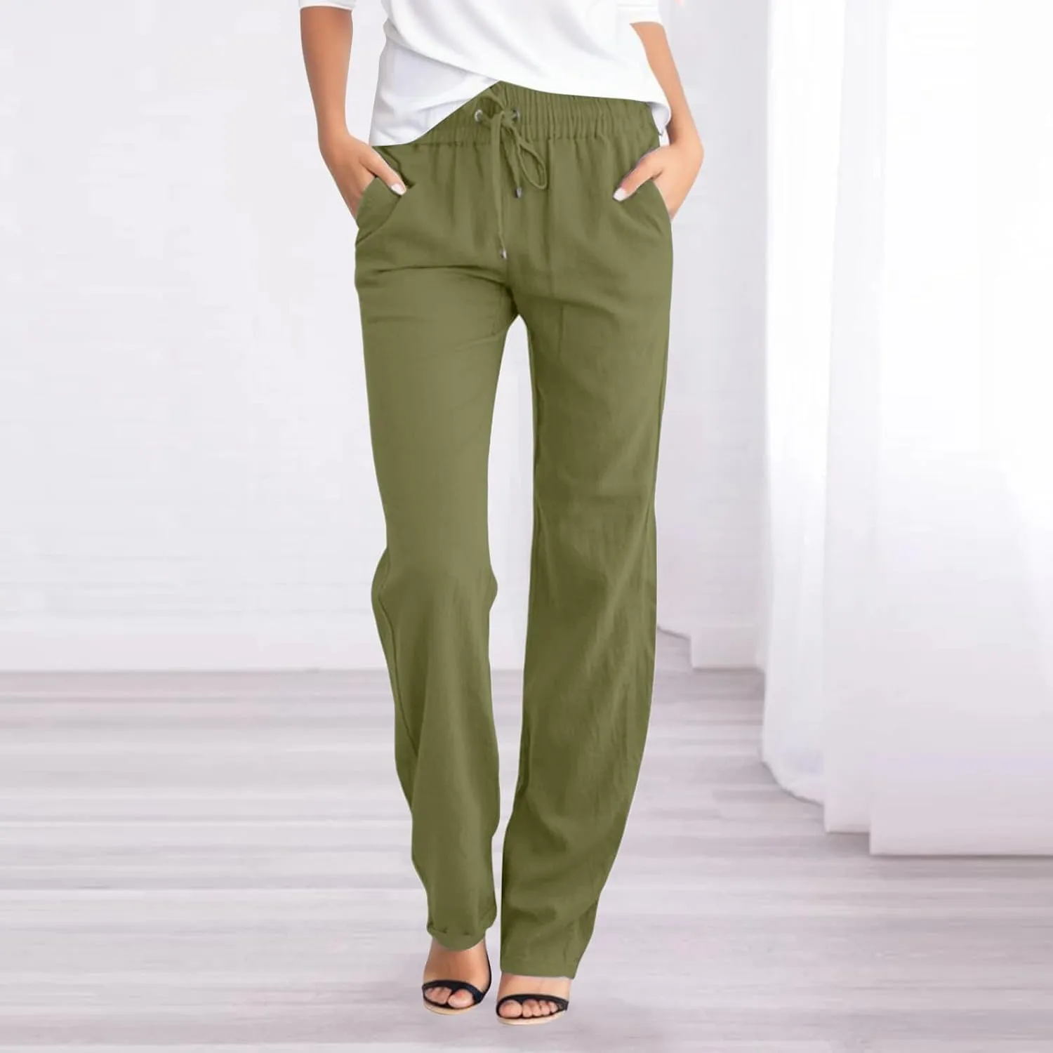 sdbrld Womens Linen Cotton Pants 2024 Casual Summer Trousers Drawstring Elastic Waist Straight Leg Lightweight Comfy Pants
