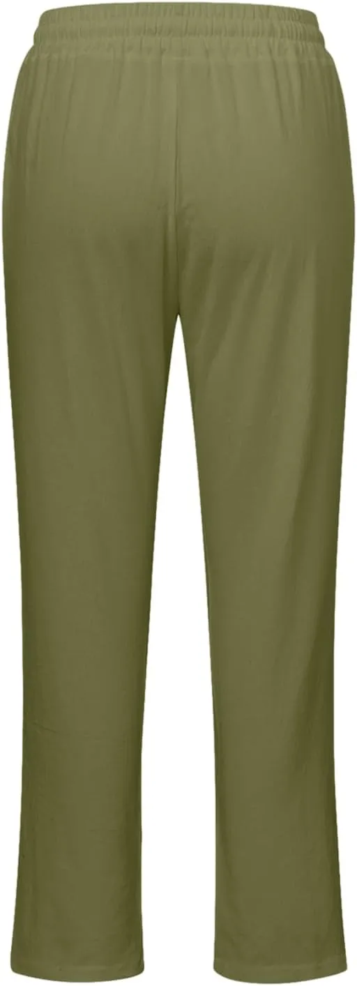 sdbrld Womens Linen Cotton Pants 2024 Casual Summer Trousers Drawstring Elastic Waist Straight Leg Lightweight Comfy Pants
