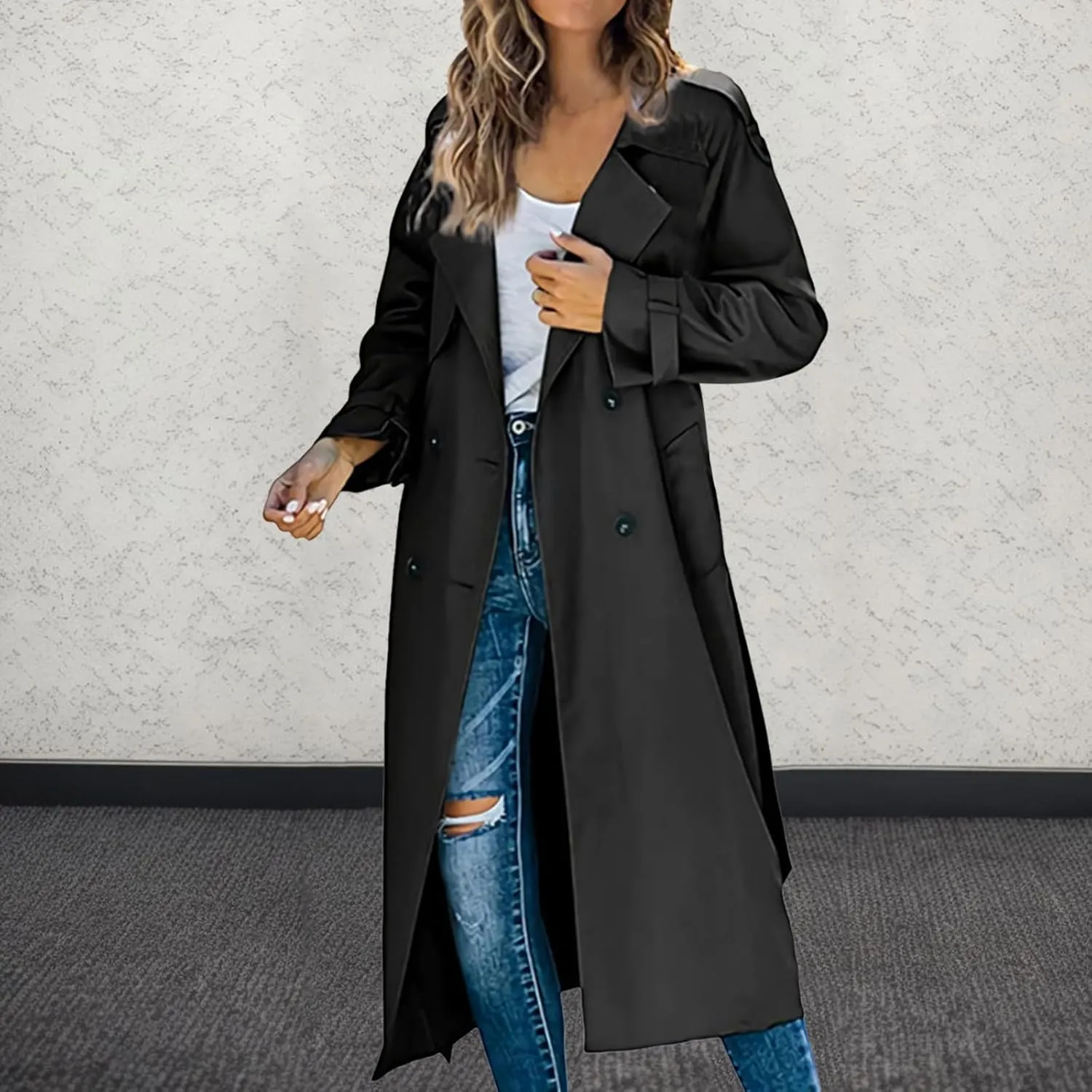 sdbrld Womens Trench Coat Plus Size Long Sleeve Fall Fashion 2024 Cardigan Classic Lapel Overcoat Ladies Casual Collar Jacket