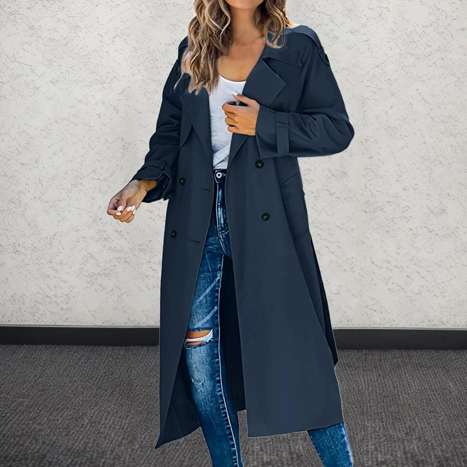 sdbrld Womens Trench Coat Plus Size Long Sleeve Fall Fashion 2024 Cardigan Classic Lapel Overcoat Ladies Casual Collar Jacket
