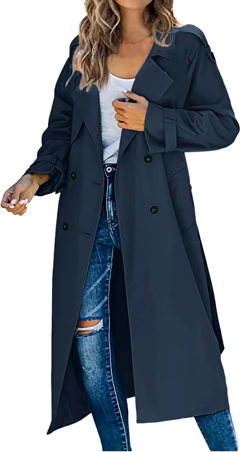 sdbrld Womens Trench Coat Plus Size Long Sleeve Fall Fashion 2024 Cardigan Classic Lapel Overcoat Ladies Casual Collar Jacket