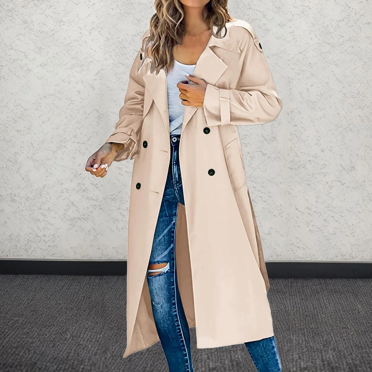 sdbrld Womens Trench Coat Plus Size Long Sleeve Fall Fashion 2024 Cardigan Classic Lapel Overcoat Ladies Casual Collar Jacket