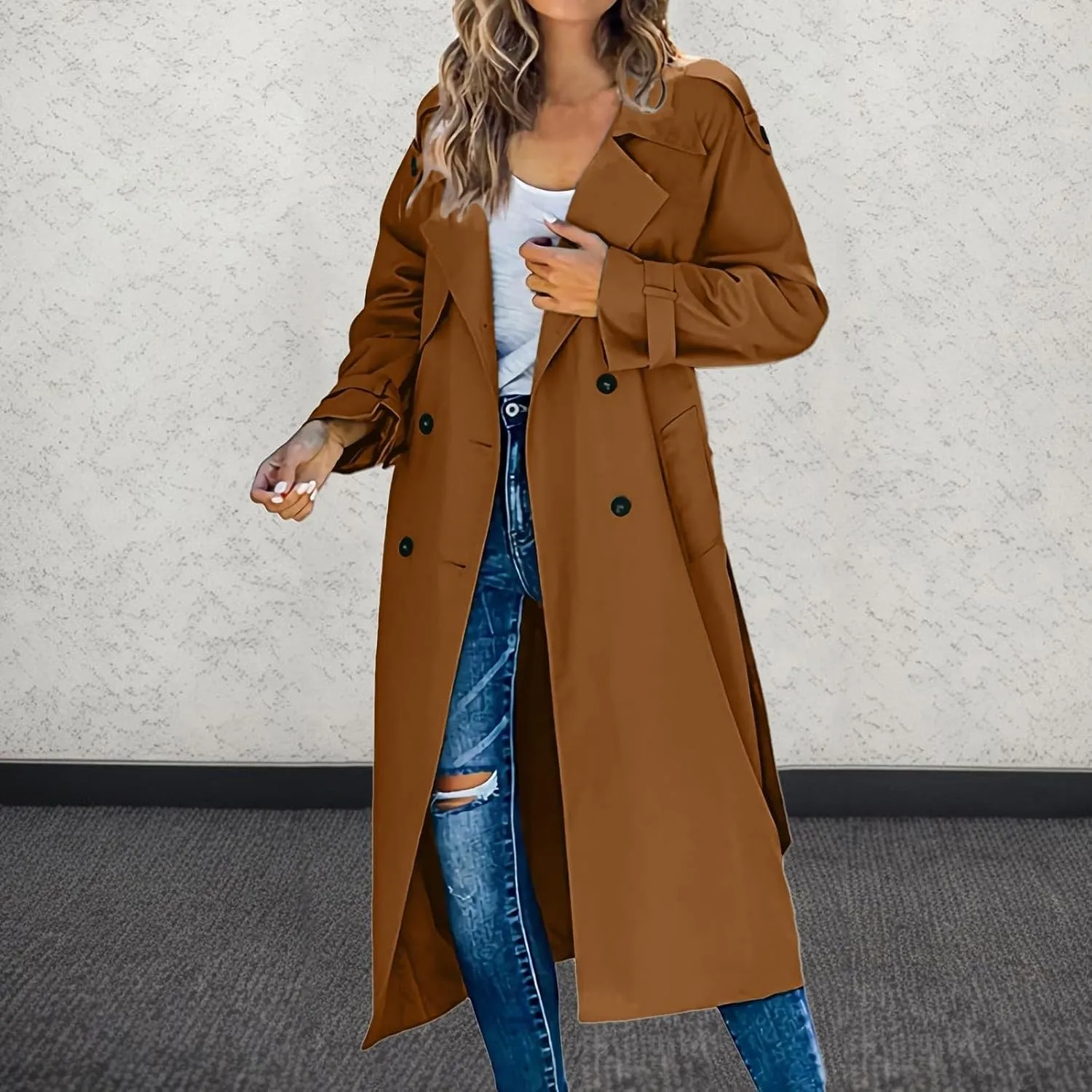 sdbrld Womens Trench Coat Plus Size Long Sleeve Fall Fashion 2024 Cardigan Classic Lapel Overcoat Ladies Casual Collar Jacket