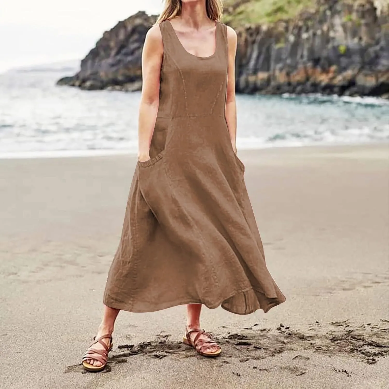 SGASY Summer Dresses for Women 2025 Sleeveless Casual Cotton Linen Sundress Plus Size Maxi Tank Beach Dress with Pocket