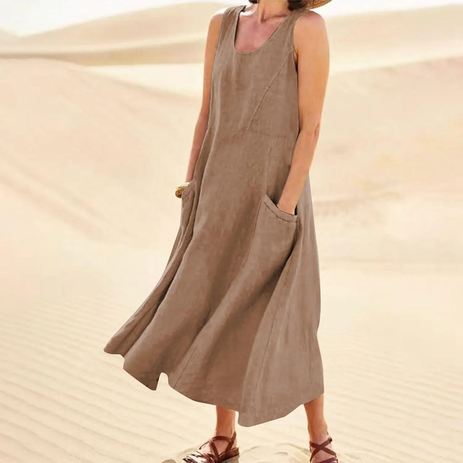 SGASY Summer Dresses for Women 2025 Sleeveless Casual Cotton Linen Sundress Plus Size Maxi Tank Beach Dress with Pocket