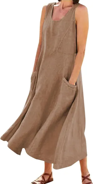 SGASY Summer Dresses for Women 2025 Sleeveless Casual Cotton Linen Sundress Plus Size Maxi Tank Beach Dress with Pocket
